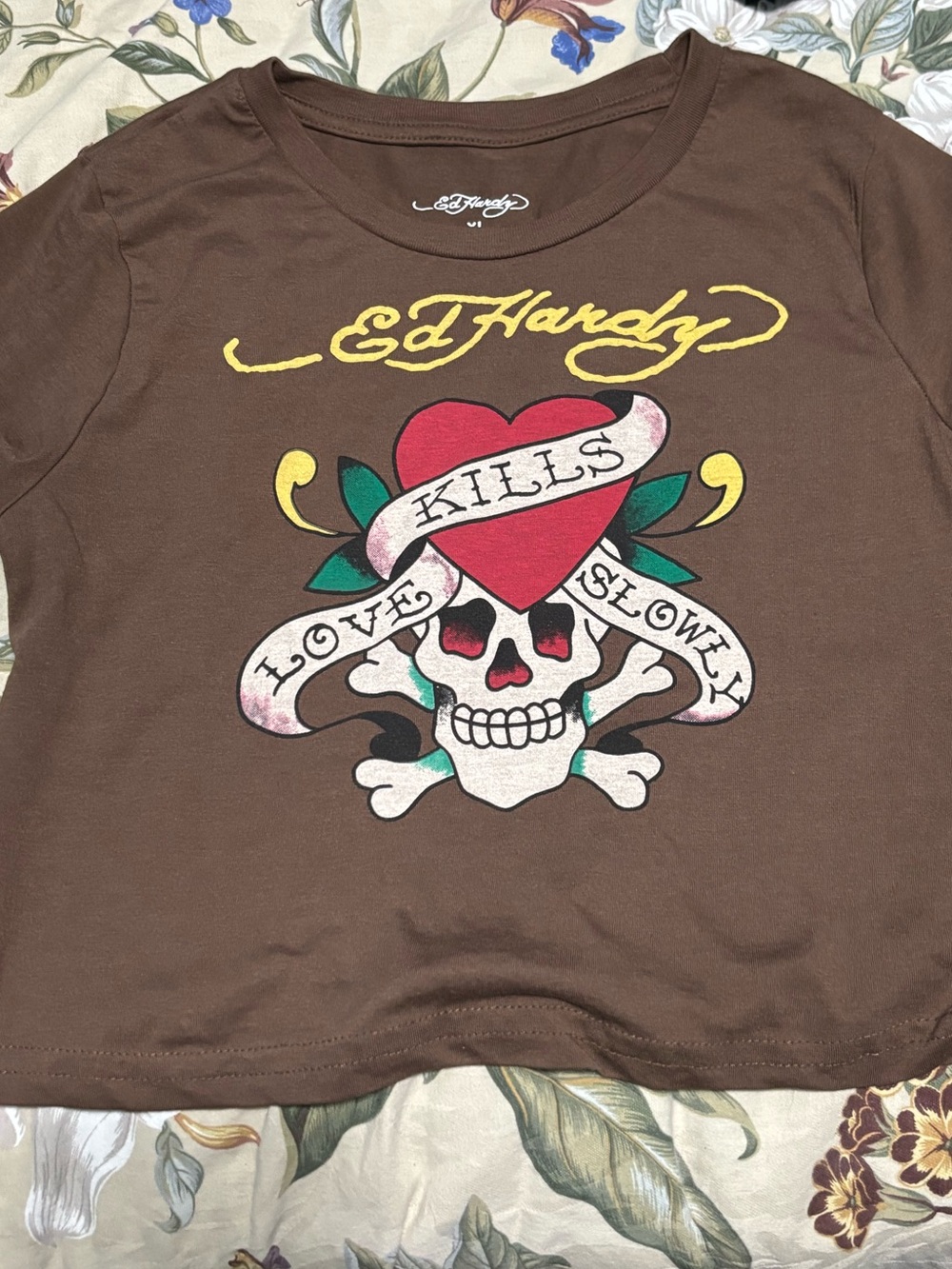 Ed Hardy Brown Graphic Tee - 'Love Kills Slowly' Sz: s-women or xl youth
